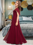 Morgan A-Line V-neck Floor-Length Chiffon Junior Bridesmaid Dress With Cascading Ruffles STKP0013327