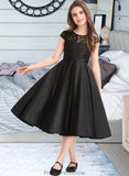 Alena A-Line Scoop Neck Knee-Length Satin Lace Junior Bridesmaid Dress With Pockets STKP0013335