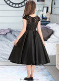 Alena A-Line Scoop Neck Knee-Length Satin Lace Junior Bridesmaid Dress With Pockets STKP0013335