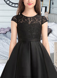 Alena A-Line Scoop Neck Knee-Length Satin Lace Junior Bridesmaid Dress With Pockets STKP0013335