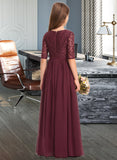 Tania A-Line Scoop Neck Floor-Length Chiffon Lace Junior Bridesmaid Dress STKP0013336