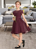 Sadie A-Line Scoop Neck Knee-Length Chiffon Lace Junior Bridesmaid Dress With Bow(s) STKP0013339