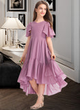 Madalyn A-Line V-neck Asymmetrical Chiffon Junior Bridesmaid Dress With Cascading Ruffles STKP0013342