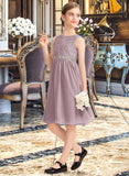 Mya A-Line Scoop Neck Knee-Length Chiffon Lace Junior Bridesmaid Dress With Beading Bow(s) STKP0013344