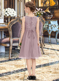 Mya A-Line Scoop Neck Knee-Length Chiffon Lace Junior Bridesmaid Dress With Beading Bow(s) STKP0013344