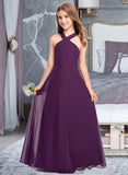 Macie A-Line V-neck Floor-Length Chiffon Junior Bridesmaid Dress STKP0013346