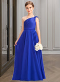 Precious A-Line One-Shoulder Floor-Length Chiffon Charmeuse Junior Bridesmaid Dress With Ruffle STKP0013347