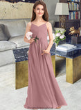 Viv A-Line V-neck Floor-Length Chiffon Junior Bridesmaid Dress With Ruffle STKP0013354