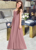 Viv A-Line V-neck Floor-Length Chiffon Junior Bridesmaid Dress With Ruffle STKP0013354