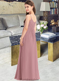 Viv A-Line V-neck Floor-Length Chiffon Junior Bridesmaid Dress With Ruffle STKP0013354