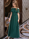 Anabelle A-Line Off-the-Shoulder Floor-Length Chiffon Junior Bridesmaid Dress With Bow(s) STKP0013359