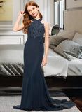 Jazlyn Trumpet/Mermaid Scoop Neck Sweep Train Chiffon Lace Junior Bridesmaid Dress STKP0013364