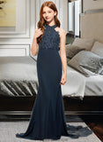 Jazlyn Trumpet/Mermaid Scoop Neck Sweep Train Chiffon Lace Junior Bridesmaid Dress STKP0013364