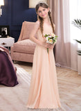 Carla A-Line V-neck Floor-Length Chiffon Junior Bridesmaid Dress With Ruffle STKP0013368