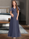 Teagan A-Line V-neck Floor-Length Chiffon Junior Bridesmaid Dress With Ruffle Bow(s) STKP0013369