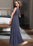 Teagan A-Line V-neck Floor-Length Chiffon Junior Bridesmaid Dress With Ruffle Bow(s) STKP0013369