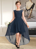 Leilani A-Line Scoop Neck Asymmetrical Chiffon Lace Junior Bridesmaid Dress With Bow(s) Cascading Ruffles STKP0013373