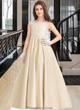 Deborah Ball-Gown/Princess Scoop Neck Floor-Length Satin Lace Junior Bridesmaid Dress STKP0013374