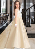 Deborah Ball-Gown/Princess Scoop Neck Floor-Length Satin Lace Junior Bridesmaid Dress STKP0013374