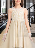 Deborah Ball-Gown/Princess Scoop Neck Floor-Length Satin Lace Junior Bridesmaid Dress STKP0013374