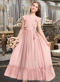 Abril A-Line Scoop Neck Floor-Length Chiffon Junior Bridesmaid Dress With Bow(s) Cascading Ruffles STKP0013375