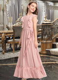 Abril A-Line Scoop Neck Floor-Length Chiffon Junior Bridesmaid Dress With Bow(s) Cascading Ruffles STKP0013375