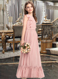 Abril A-Line Scoop Neck Floor-Length Chiffon Junior Bridesmaid Dress With Bow(s) Cascading Ruffles STKP0013375