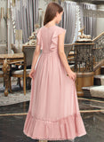 Abril A-Line Scoop Neck Floor-Length Chiffon Junior Bridesmaid Dress With Bow(s) Cascading Ruffles STKP0013375