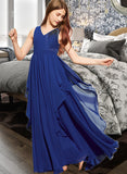 Amaya A-Line V-neck Floor-Length Chiffon Junior Bridesmaid Dress With Cascading Ruffles STKP0013381