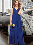 Amaya A-Line V-neck Floor-Length Chiffon Junior Bridesmaid Dress With Cascading Ruffles STKP0013381