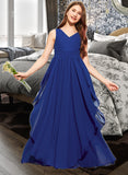 Amaya A-Line V-neck Floor-Length Chiffon Junior Bridesmaid Dress With Cascading Ruffles STKP0013381