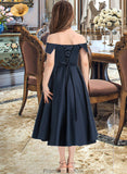 Xiomara A-Line Off-the-Shoulder Tea-Length Satin Junior Bridesmaid Dress With Ruffle Pockets STKP0013383