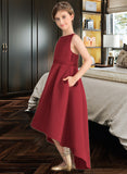 Emilia A-Line Scoop Neck Asymmetrical Satin Junior Bridesmaid Dress With Ruffle Pockets STKP0013385