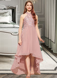 Kailyn A-Line Scoop Neck Asymmetrical Chiffon Lace Junior Bridesmaid Dress STKP0013388