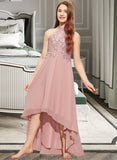 Kailyn A-Line Scoop Neck Asymmetrical Chiffon Lace Junior Bridesmaid Dress STKP0013388