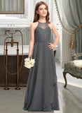 Tatum A-Line Scoop Neck Floor-Length Chiffon Lace Junior Bridesmaid Dress With Cascading Ruffles STKP0013389