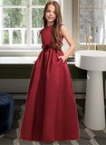 Aleena A-Line Scoop Neck Floor-Length Satin Junior Bridesmaid Dress With Bow(s) Pockets STKP0013391