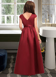 Aleena A-Line Scoop Neck Floor-Length Satin Junior Bridesmaid Dress With Bow(s) Pockets STKP0013391