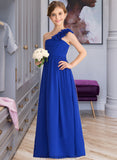 Shannon A-Line One-Shoulder Floor-Length Chiffon Junior Bridesmaid Dress With Ruffle Flower(s) STKP0013393