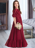 Rosa A-Line Scoop Neck Floor-Length Chiffon Junior Bridesmaid Dress With Cascading Ruffles STKP0013398