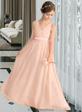 Maryjane A-Line V-neck Floor-Length Chiffon Junior Bridesmaid Dress With Ruffle Bow(s) STKP0013402