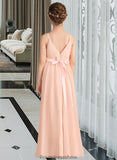 Maryjane A-Line V-neck Floor-Length Chiffon Junior Bridesmaid Dress With Ruffle Bow(s) STKP0013402