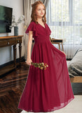 Ana A-Line V-neck Floor-Length Chiffon Junior Bridesmaid Dress With Ruffle STKP0013405