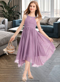 Alisa A-Line Scoop Neck Tea-Length Chiffon Junior Bridesmaid Dress With Ruffle Beading Bow(s) STKP0013406