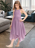 Alisa A-Line Scoop Neck Tea-Length Chiffon Junior Bridesmaid Dress With Ruffle Beading Bow(s) STKP0013406