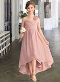 Minnie A-Line One-Shoulder Asymmetrical Chiffon Junior Bridesmaid Dress With Ruffle Flower(s) Bow(s) STKP0013410