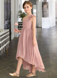 Minnie A-Line One-Shoulder Asymmetrical Chiffon Junior Bridesmaid Dress With Ruffle Flower(s) Bow(s) STKP0013410