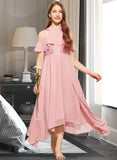 Sarahi A-Line Scoop Neck Tea-Length Chiffon Lace Junior Bridesmaid Dress STKP0013414