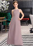 Mareli A-LineScoopNeckFloor-LengthChiffonLaceJuniorBridesmaidDressWithRuffle#173272 STKP0013416