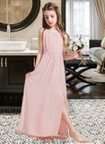 Maleah A-Line Scoop Neck Floor-Length Chiffon Junior Bridesmaid Dress With Ruffle Split Front STKP0013425